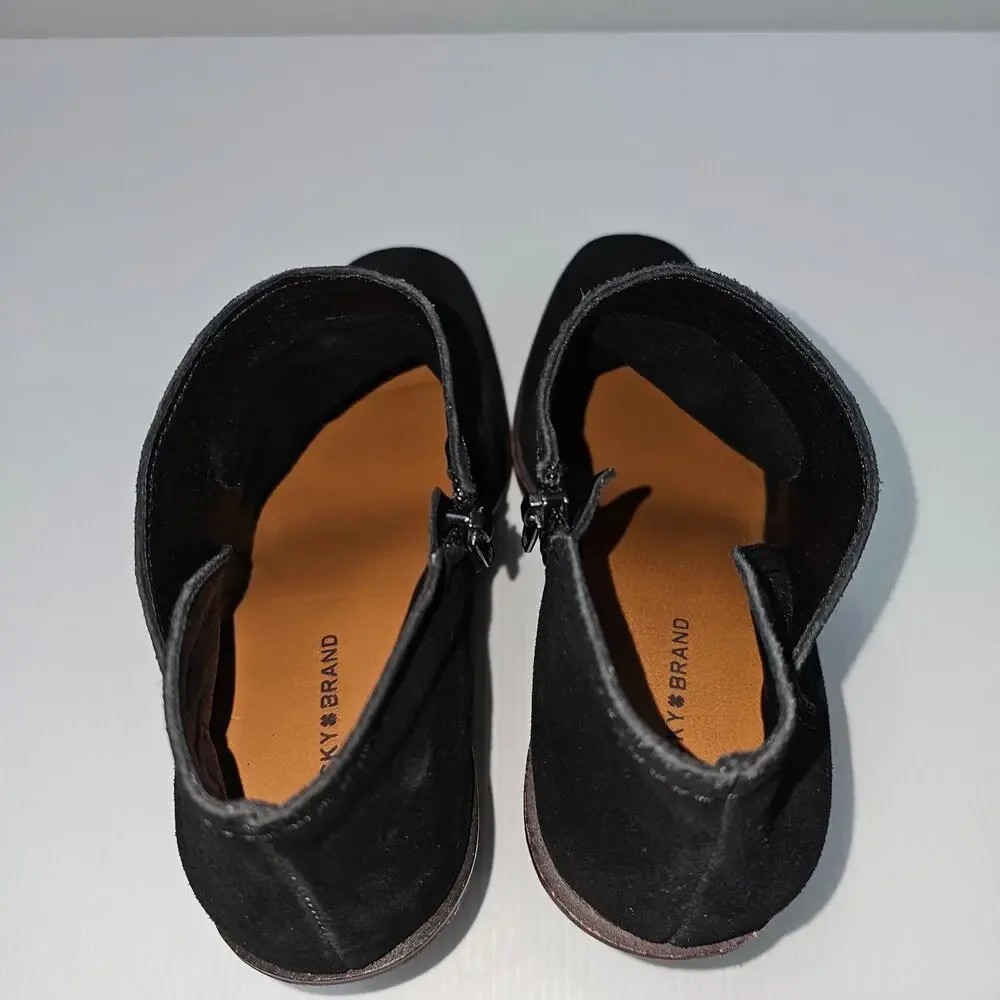 Lucky Brand Macawi Wedge Ankle Bootie Womens 9 Black Suede Square Toe Casual